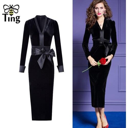 Tingfly Vintage Elegant Sexy V Neck Women Black Velvet Dress Party Dinner Dresses Winter Midi Long Office Work Vestidos Plus Siz