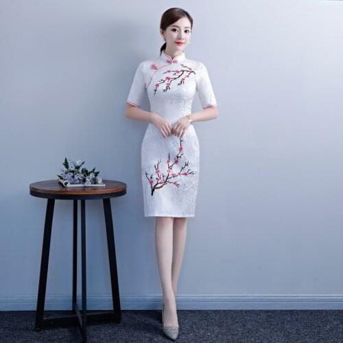 Women Chinese Style Traditional Cheongsam Mini Dress Floral Tight Embroidery Daily Cotton Short Sleeve Tie-Dye Low Slit Skirts