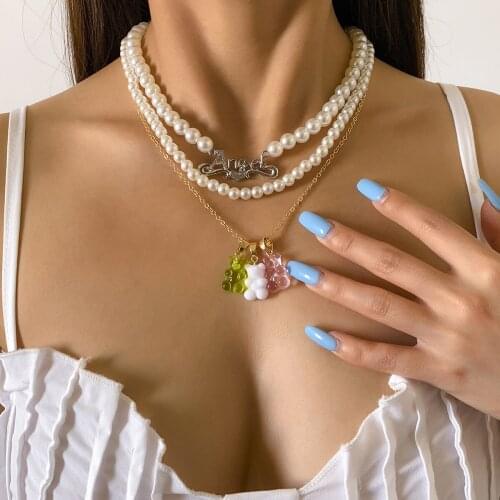 New Arrival Imitation Pearl Necklaces Womens Vintage Jelly Color Little Bear Crystal Strand Pendant Necklaces Jewelry for Girls