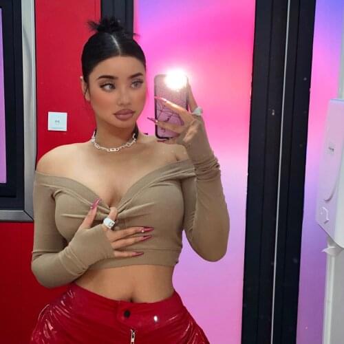 3 Colors Highly Recommended Large V-Neck Off-Shoulder Anti-Glare Short High-Elastic Thread Long-Sleeved T-Shirt