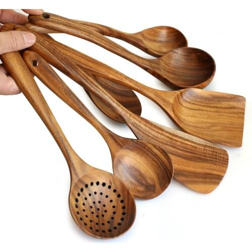 7 Teak Natural Wood Tableware Spoon set Colander Spoon Special Nano Soup Skimmer Cooking Spoon Wooden Kitchen Tool Kit Gadgets