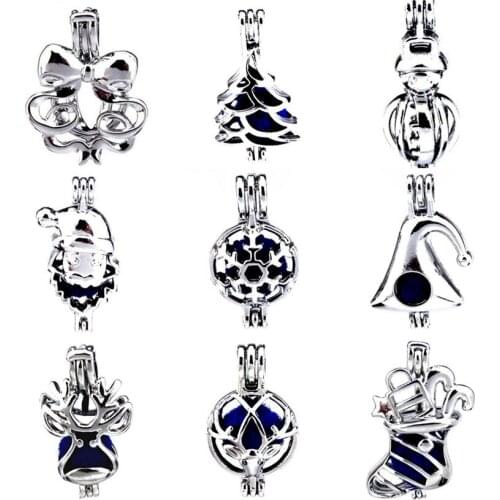 9pcs/lot Snowman Tree Santa Boots Locket Pendant Perfume Diffuser Beads Pearl Cage Party Gift Christmas -1
