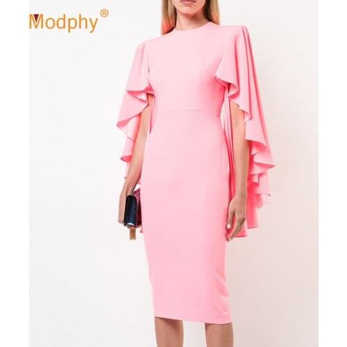 Free Shipping For Summer 2021 New Women Pink Elegant Ruffle Dress Sexy O-Neck Bodycon Evening Club Party Chic Ladies Dresses