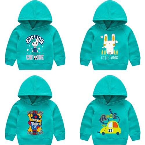 2021 Childrens Hooded Sweater New Autumn And Winter Boys Girls Tops Loose Cartoon Jacket Bottoming Shirt Printing Green