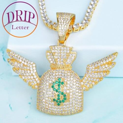 Dollar Bag Wings Pendant Gold Color Plated Cubic Zircon for Men Hip Hop Necklace Chain Rock Jewelry