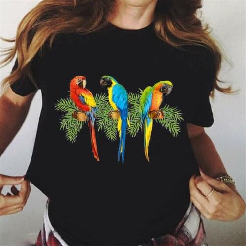 Colorful Parrot With Tropical Flowers Print T Shirt Women Cockatiels Bird Black Tshirt Femme Kawaii Clothes Female T-Shirt