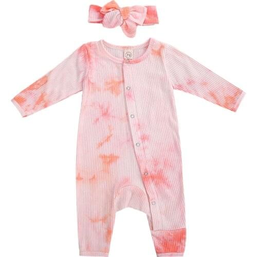 2Pc Baby Autumn Outfit Tie-Dyed O-Neck Long Sleeve Ribbed Jumpsuit + Bowknot Headband Suit Toddler Girls Rompers 0-2 Years
