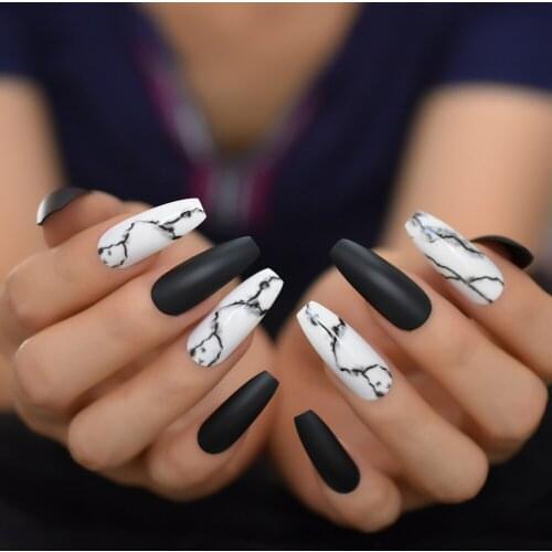 Marble Design Long Fake Nail Tips Shiny Simple Full Acrylic False Coffin Nails Pure Color With Glue Abs Nail Art