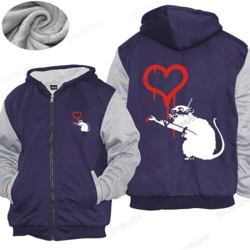 Mens winter cotton warm coat loose tops Banksy Street Art Rat Painting Heart mens hoodies unisex hoodie women Fleece hoody