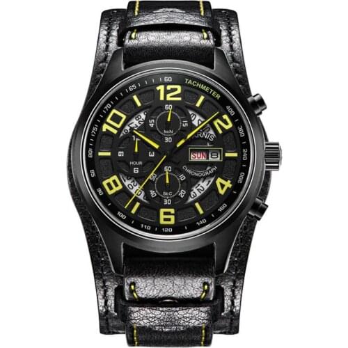 Parnis Pilot V Serier Luminous Mens Leather Watchband Military Sport Chronograph Quartz Watch Wristwatch With Static Second Hand