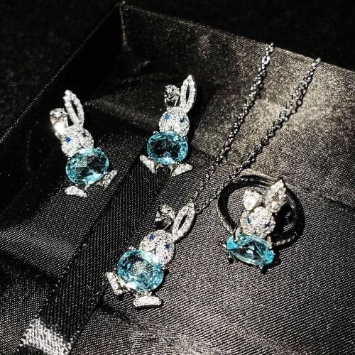 New Trend Rabbit Jewelry Cute Animal Pendant Necklace Full Inlay Shiny Zircon Fashion Earrings Ring For Women Party Birthday Gif