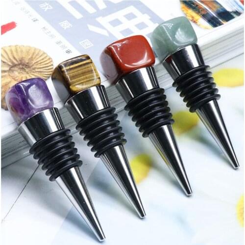 Wholesale 6pcs/Lot Crystal Semi-precious Square Red Wine Stopper with Stainless Steel Silicone Bottom set with Precious Stones