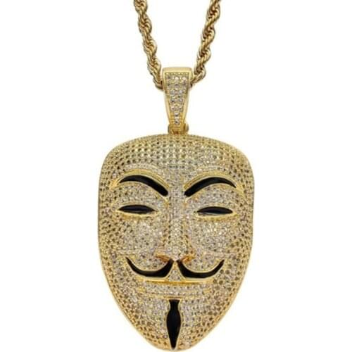 Movie Character Mask Head Zircon Inlaid Pendant Necklace Men Hip Hop Jewelry