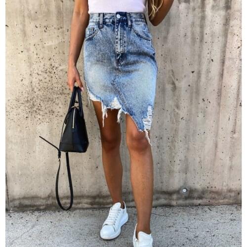 Ripped Denim Skirts Womens Asymmetrical Pencil Jean Skirt Ladies High Waist Casual Distressed Slim Fit Package Hip Midi Skirts