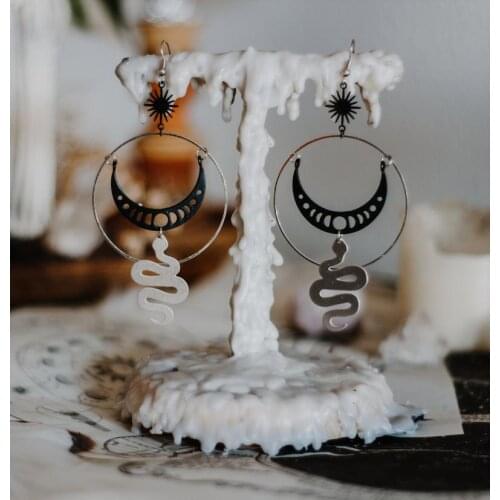 Witchy Moon Phase Black and Silver Plated Snake Earrings Dangle Earrings, Celestial Serpent Earrings
