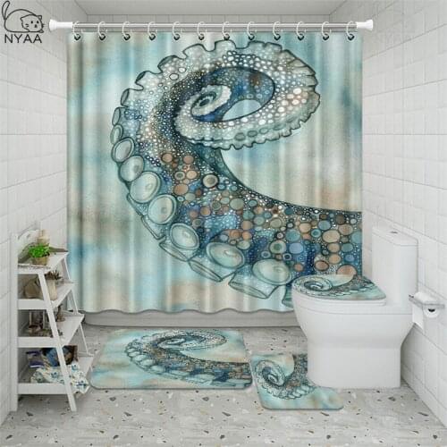 Blue Octopus Waterproof Shower Curtain Set Slip Mat Toilet Cover Set Seafloor Bathroom Accessories Bath Mat Set 180*180cm