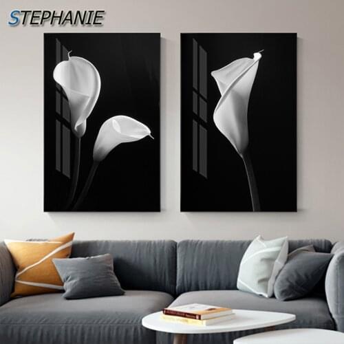 Modern Abstract White Tulip Flower Canvas Painting Nordic Wall Art Picture for Living Room Black Background Plant n Poster Print
