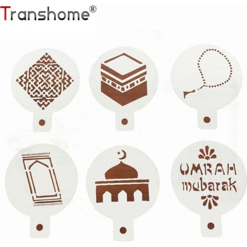 Transhome 6pcs/set EID Mosque Mubarak Ramadan Shape Cake Stencil Cookie Cappuccino Cupcake Decorating Template Baking Cake Tools