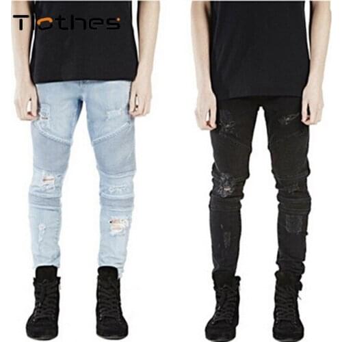 Streetwear Hole Biker Jeans Men Stretch Ripped Skinny Denim Pants Vintage Slim Fit Trousers Mens Motorcycle Denim Pants Casual