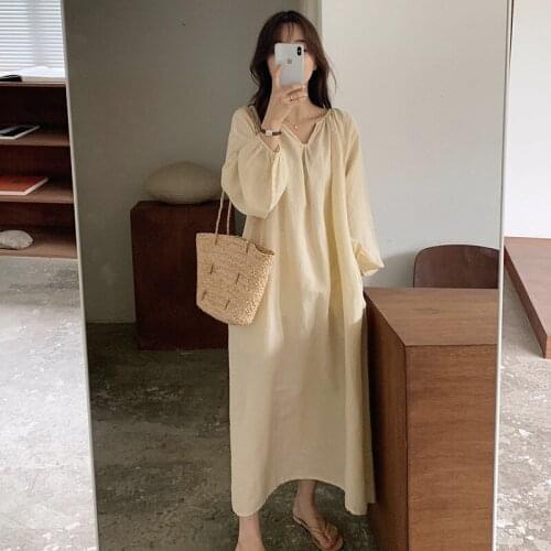 Womens Cotton Sleepwear Loose V-neck Nightgown Summer Autumn New Gown Long Sleeve Loungewear Casual Simple Vintage Home Clothing