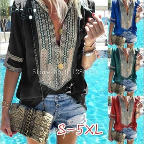 Summer Bohemian Top Chiffon Tunics Women Blouses Big Size 5XL Shirt Female Cotton Loose Blouse Boho Print Half Sleeve Blusas