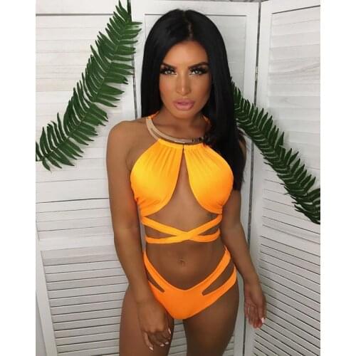 Womens Metallic O-Ring Bandage Cross Swimsuits 2020 Push Up High Cut Leg One Piece Halter Thong Bathing Suit Swimwear
