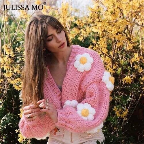 JULISSA MO New Lantern Sleeve Floral Knitted Cardigan 2021 Autumn Women Fashion O-Neck Short Sweater Femme Sweet Tops Streetwear
