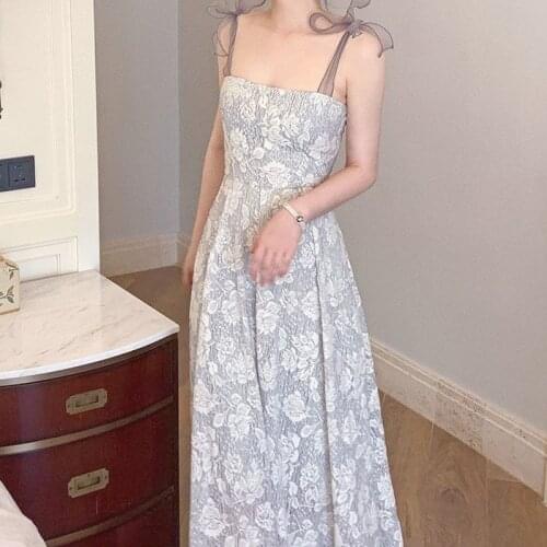 2021 Summer Print Strap Vintage Dress Women Bow Lace-up A-line French Elegant Dresses Chic Holiday Sexy Ladies Party Long Dress