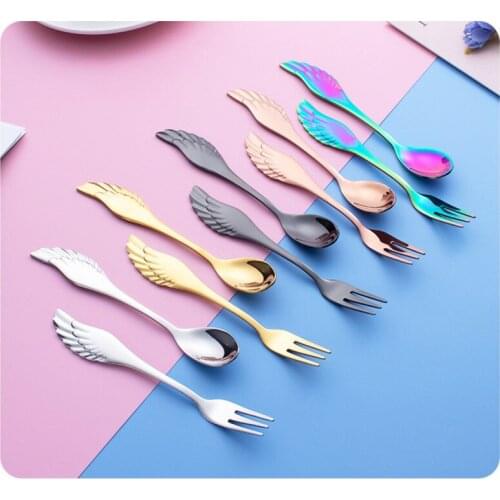 10pcs Dessert Spoon Fork Stainless Steel Wing Shape Teapoon Rose Gold Fruit Fork Dinnerware Set Coffee Ice Cream Candy Spoon