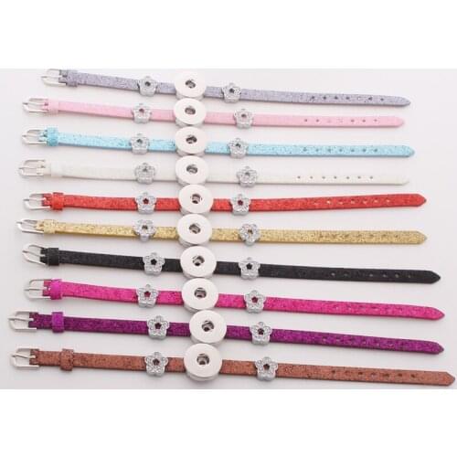 10pcs/lot Mix Colors Women Rhinestone flower charm pu leather Snap Button Bracelets Bangles Fit 18mm Diy Snap Buttons Jewelry