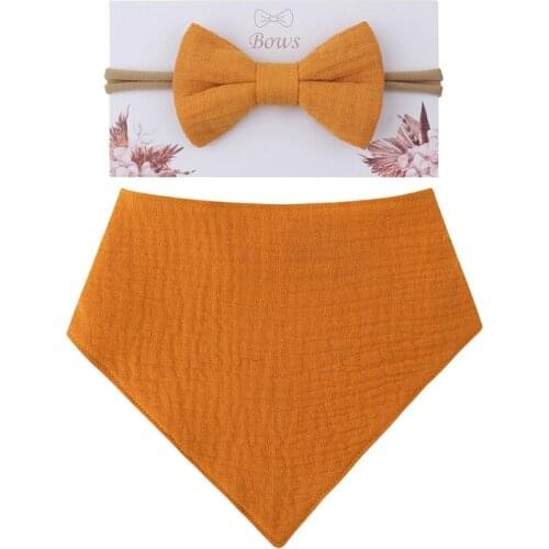 2 Pcs Baby Girls Elastic Bow Headband Saliva Towel Set Princess Bowknot Hair Band Bibs Feeding Burp Cloth Kit Soft Pure