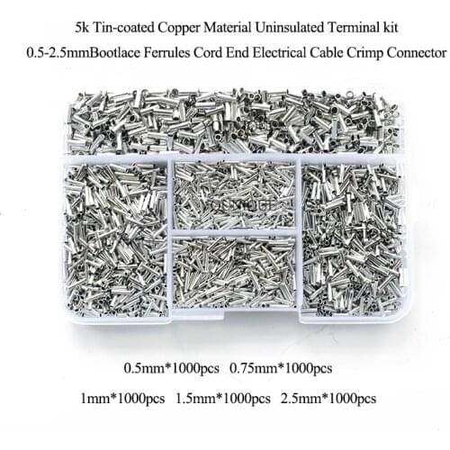 5000pcs Tin-coated Copper Material Uninsulated Bootlace Ferrules Cord End Cable Crimps Electrical Terminals kit 0.5-2.5mm