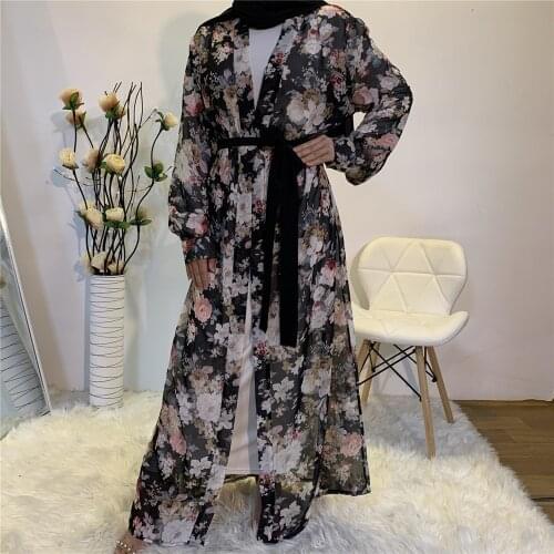 Abaya Kaftan Muslim Women Floral Printed Dress Arab Jilbab Ramadan Islamic Open Kimono Chiffon Summer Casual Bohemian Fashion