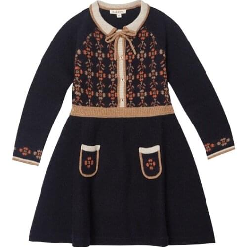 Kids Dresses 2021 New Winter Brand Design Girls Cute Knit Flower Print Sweater Dress Baby Toddler Cotton Outwear Clothes