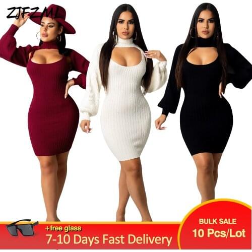 Bulk Items Wholesale Lots Chic Ribbed Kitted Suit Lantern Sleeve High Necked Crop Top+low Neck Body-shaping Sheath Dress Y2K