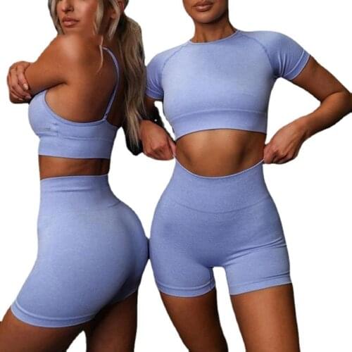 Summer Sport Set Women Blue Two 2 Piece Crop Top T Shirt Shorts Yoga suit Workout Active Outfit Fitness Gym Sets