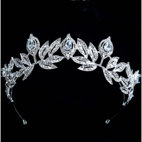Fashin Leaf Tiara Crown Wedding Cubic Zircon Crystal Bridal Hair Accessories Rhinestone Princess Pageant Headpiece Jewelries