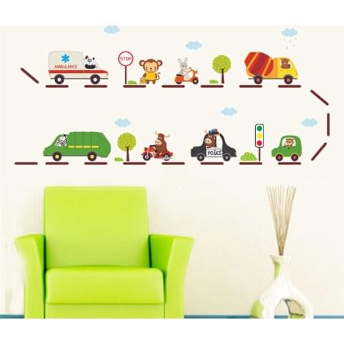 Cartoon Animals City Transportation Cars Wall Stickers For Kids Room Decoration Nursery Safari Wall Mural Art Diy Home Decals