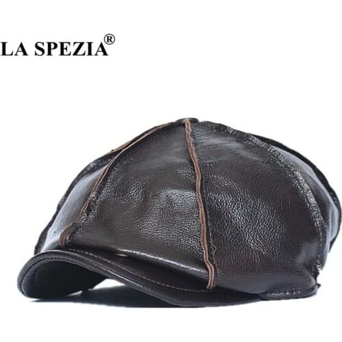 LA SPEZIA Newsboy Cap Cowskin Mens Beret Genuine Leather High Quality Brown Vintage Autumn Winter Hats for Men Accessories