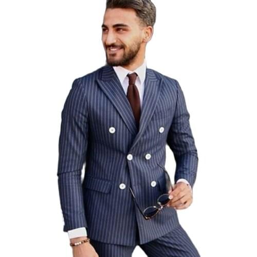 Navy Blue Stripe Double Breasted Business Men Suit Slim fit for Dinner Party Formal Wedding Groom Tuxedo 2 Piece Jacket Pants