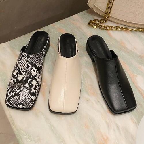 Mid-heeled Shoe 2021 Spring Women Mules Shoes Brand Designer Square Toe Slip On Slipper Casual Outdoor Low Heel Slides Flip Flop