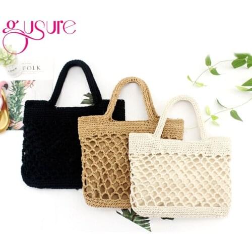 Gusure Leisure Solid Hollow Beach Bags Women Totes Soft Rope Straw Knit Bags Summer Holiday Handbag High Capacity Pack Purse
