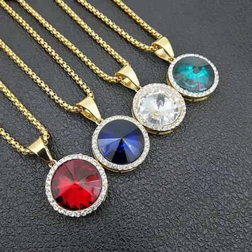 Gold 316 stainless steel Round Color Glasss Stones Hiphop Necklace Pendant Ornament Fine Quality Jewelry
