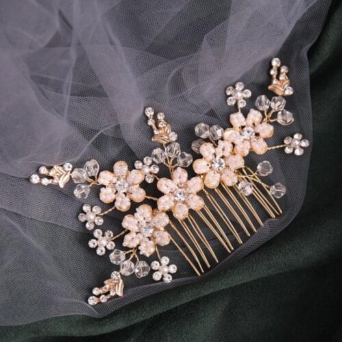 Pink Beaded Flower Bridal Comb Hair Piece Pearls Wedding Jewelry Handmade Women Headpiece Hair Ornament расческа для волос