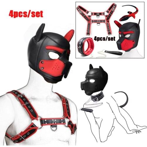 Slave Role Play Puppy Play Dog Hood Mask,Leather Mens Chest Harness Strap,Neck Collar Leash,Dog Tail Plug,BDSM Bondage Sex Toys
