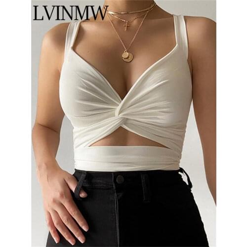 LVINMW Sexy Skinny V Neck Hollow Out Sleeveless Tank Tops Low Cut Ruched Slim Solid Backless Navel Women Crop Top For Summer