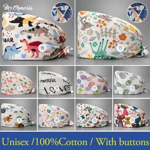 Wholesale unisex breathable beauty salon nurse scrub cap cartoon print doctor surgery cap laboratory work tail cap scrub cap new
