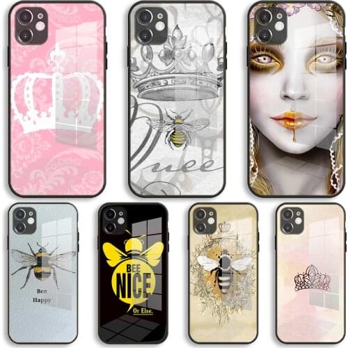 Cute bee crown Soft Glass Silicone Case For iPhone 12 11 Pro X XS Max XR 8 7 6 Plus SE 2020 S Mini Balck Cover