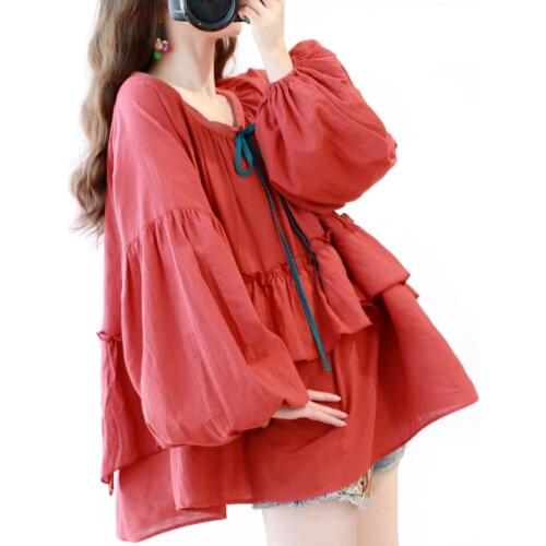 Ethnic Style Bohemian Lantern Sleeve Loose Large Size Women Shirt Hippie Boho Mori Girl Ruffles Cotton Linen Casual Spring Shirt