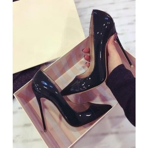 Brand Black Patent Leather High Heel Shoes Pointed Toe 12 10 8cm Stiletto Heel Dress Shoes Female Heels Shoes Women Size 45